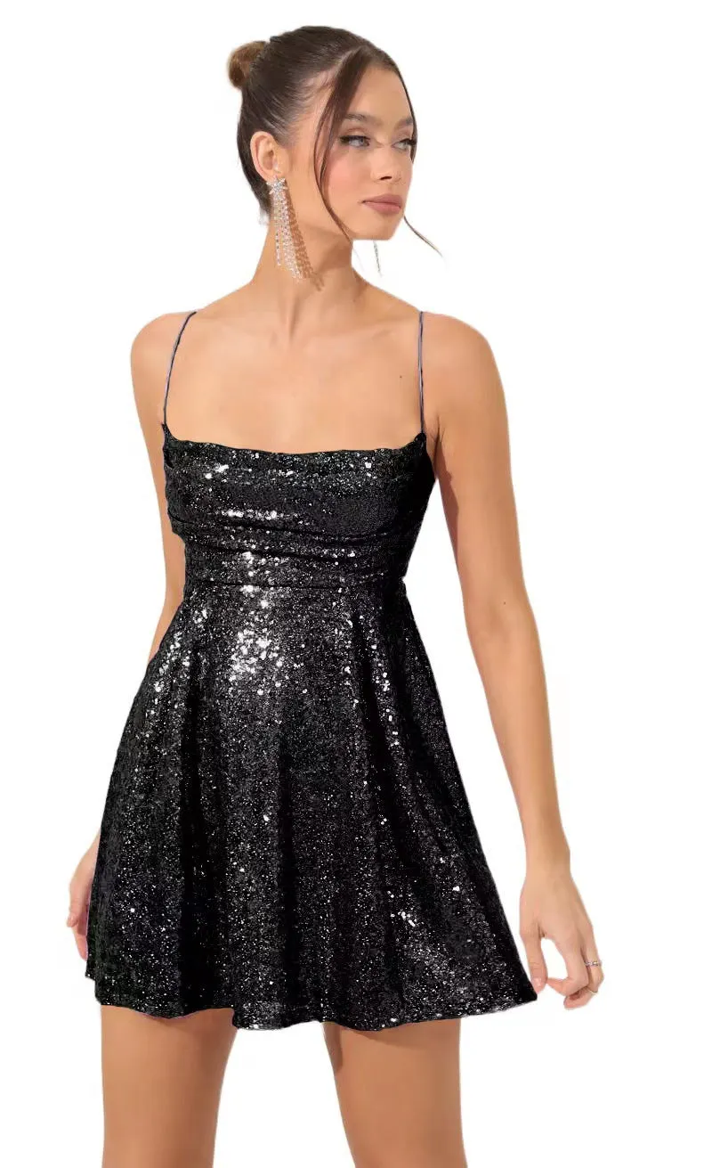 Brownm Fashion Sexy Sequined Suspender Bow Dress Dresses