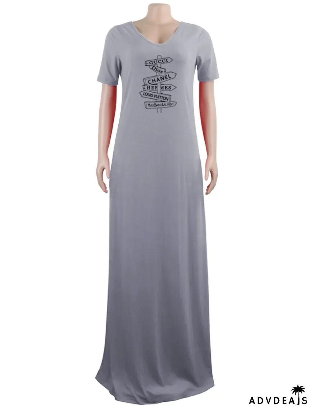 Women Summer Grey Casual V-neck Short Sleeves Print Loose Maxi Dress