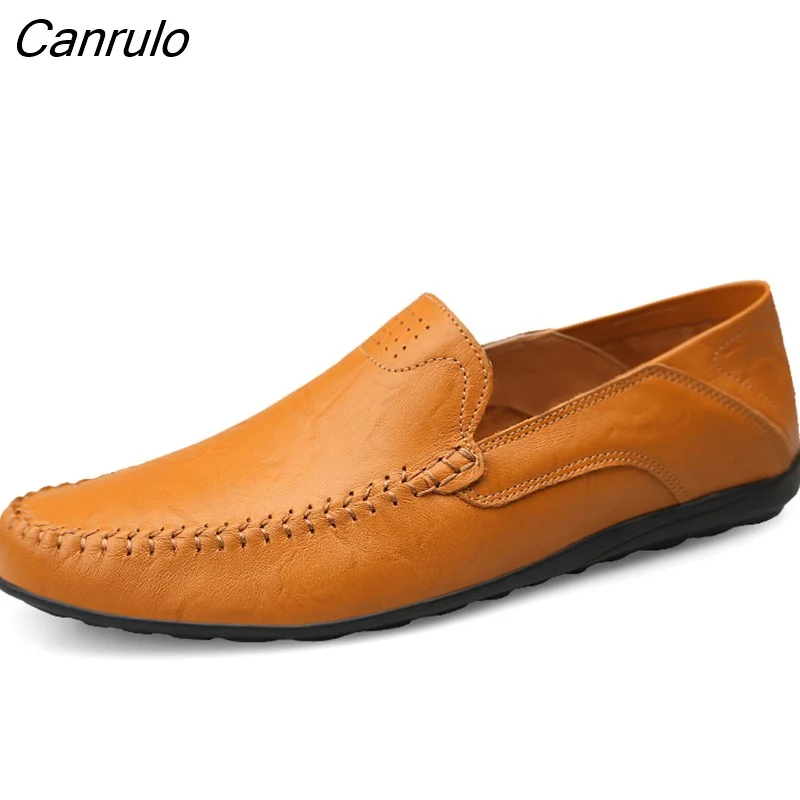 Canrulo New Spring Summer Men Breathable Casual Shoes Genuine Leather Men Loafers Fashion Non-slip Boat Shoes Moccasins Size 38-47