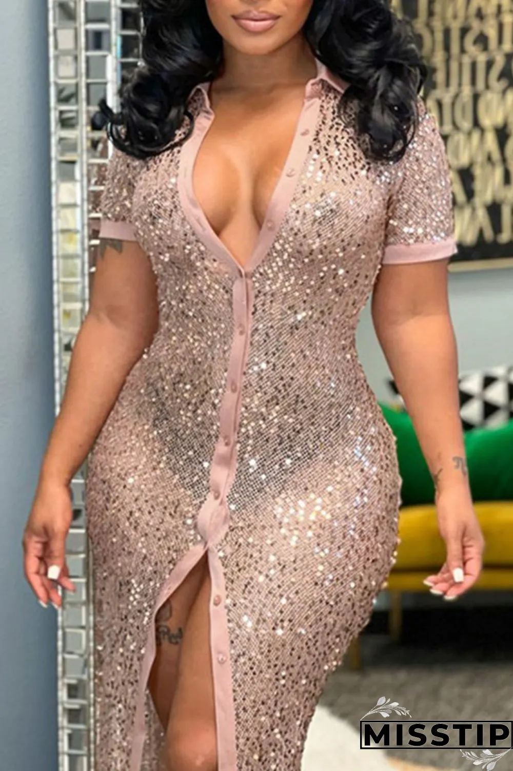 Champagne Sexy Patchwork Sequins Slit Turndown Collar Short Sleeve Dress Dresses