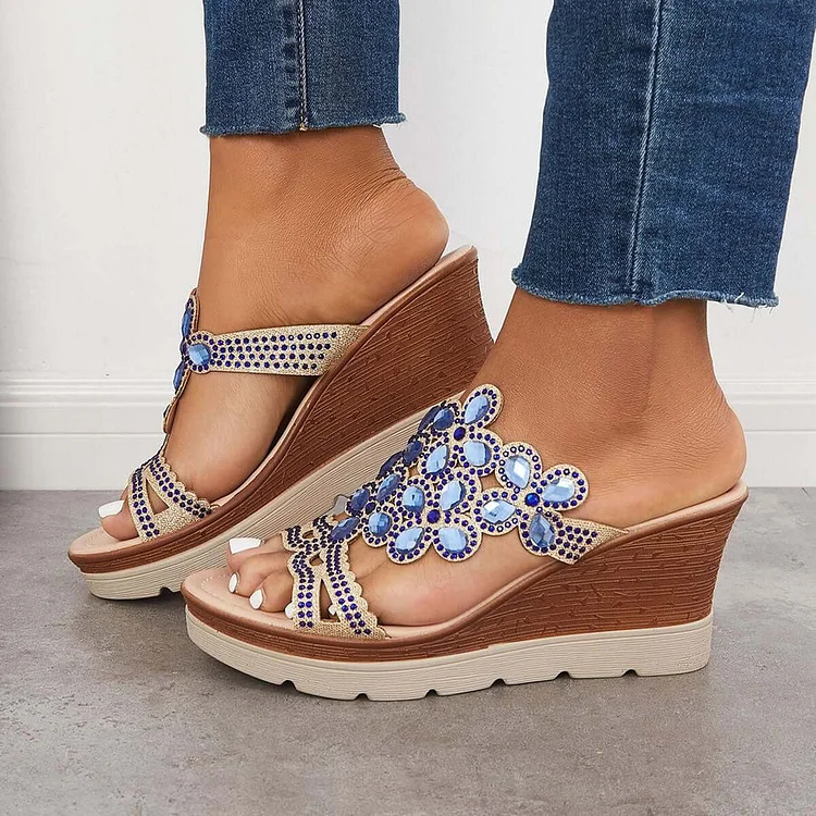 Rhinestone Embellishment Platform Wedges Slip-on Jeweled Sandals