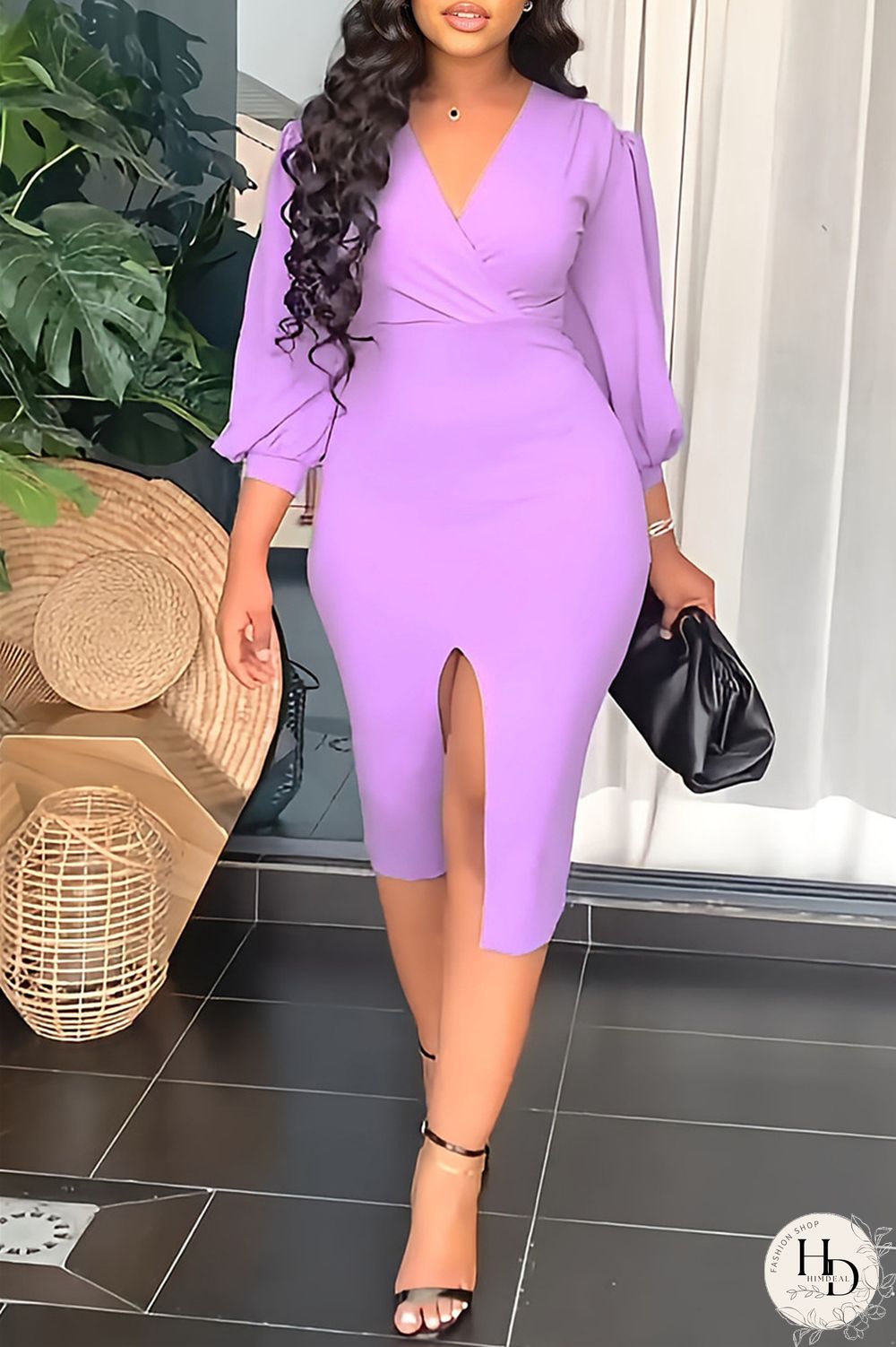 Blue Fashion Casual Solid Split Joint Slit V Neck Long Sleeve Dresses