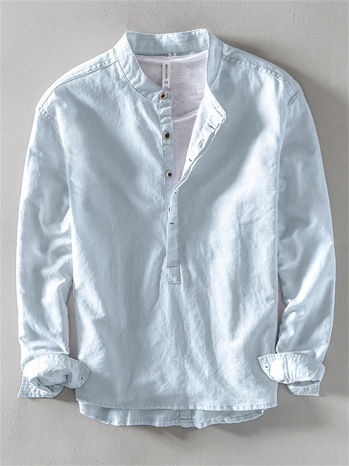 Cotton Linen Tops Men's Casual Shirt Slim Solid Color Collar Pullover Cotton Linen Shirt