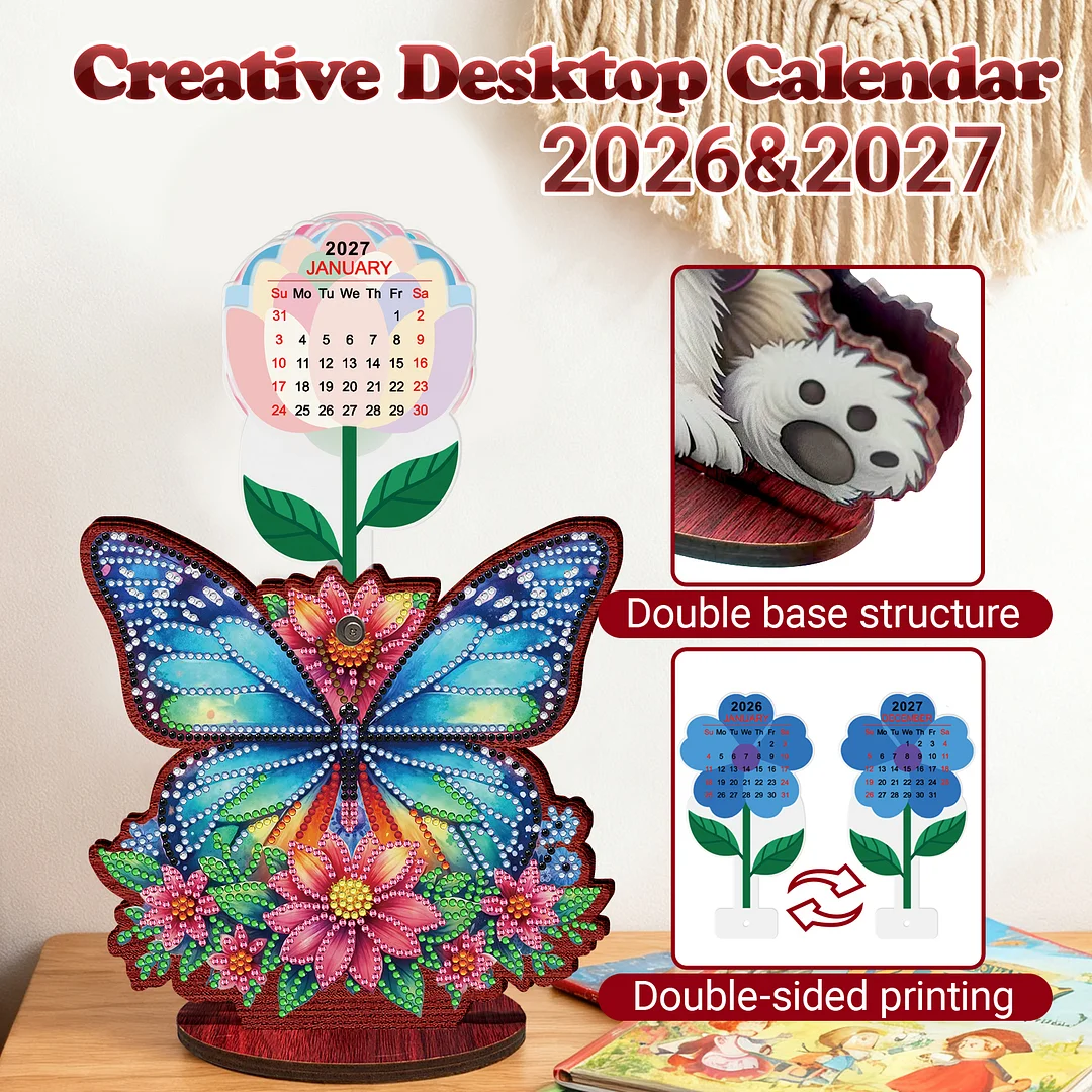 2026 Calendar DIY Diamond Art Kit Butterfly Wooden Diamond Painting Calendar