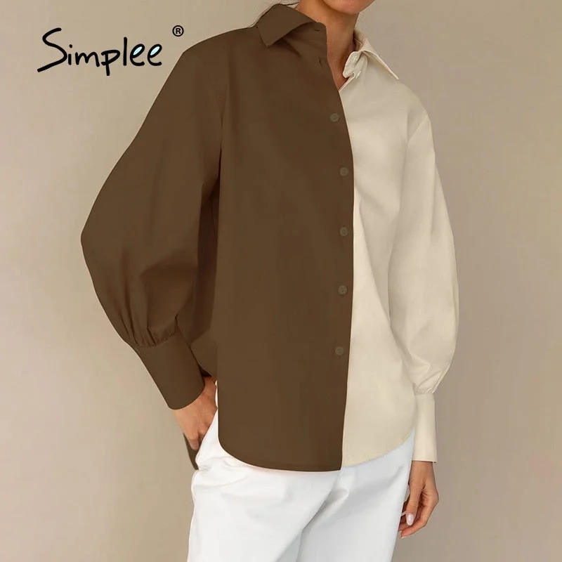 Simplee Autumn Color Block Casual Women Blouse Solid Cotton Lapel Collar Office Lady Shirt Full Lantern Sleeves Female Top 2021