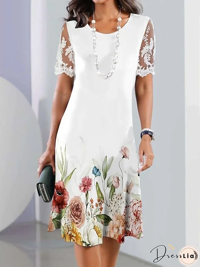 Women's Casual Dress Summer Dress Print Dress Floral Lace Print Crew Neck Lace Sleeve Midi Dress Fashion Elegant Outdoor Daily Short Sleeve Loose Fit White Summer Spring S M L XL XXL