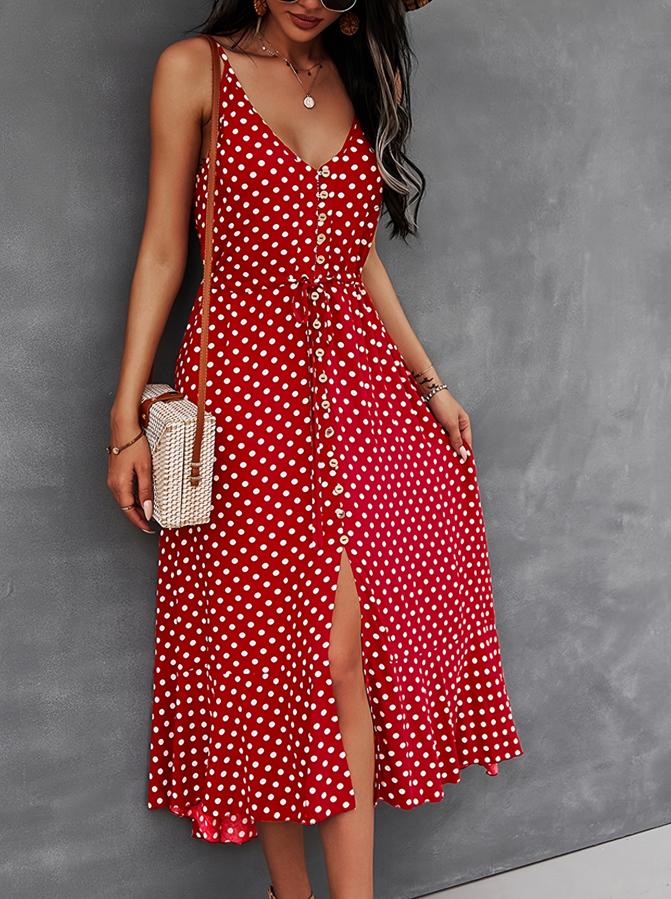 Elegant Light Green Polka Dot Chiffon Dress With V-Neck, Sleeveless Waist Drawstring & High Slit - French Style A-Line Midi Dress For Women, Perfect For Spring/Fall, Versatile For Casual Or Formal Occasions, Cute Dress