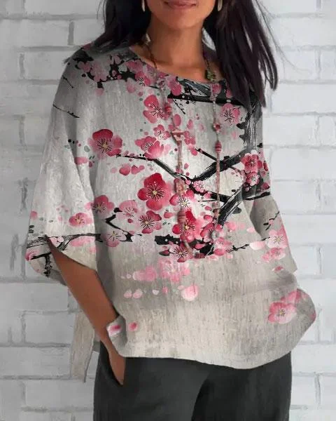 Crew Neck Ink Peach Blossom Art 3/4 Sleeve Shirt