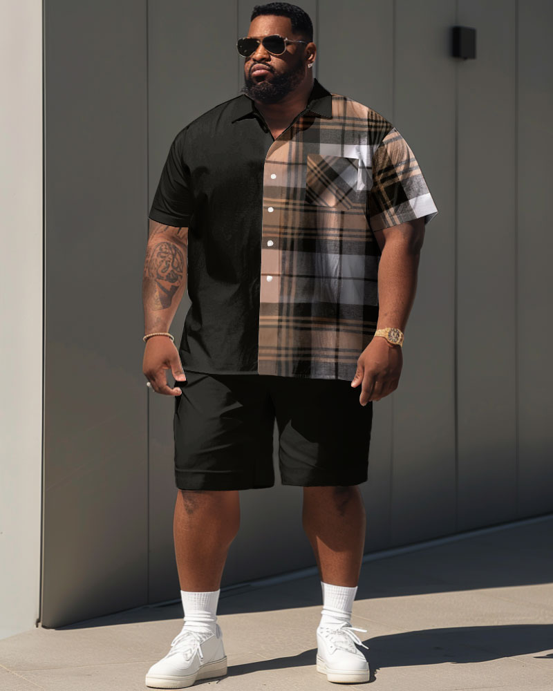 Men's Plus Size Casual Color-block Plaid Print Pocket Short-sleeved Shirt Shorts Suit