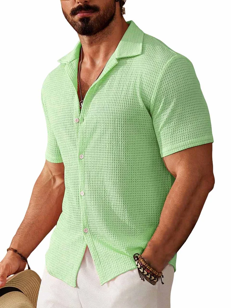 Men's Fashion Basics Waffle Fabric Cuban Collar Short Sleeve Shirt