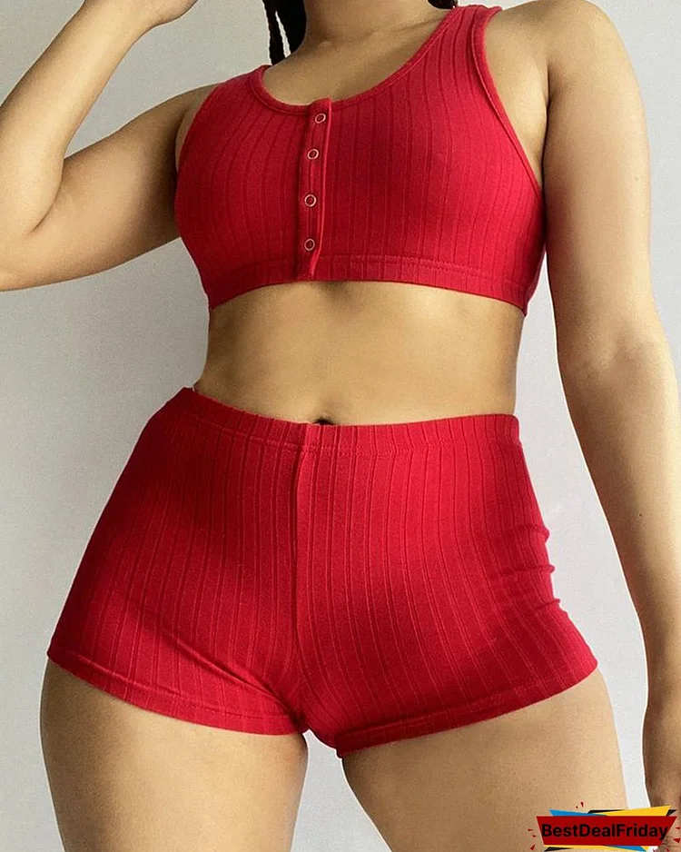 Button Front Ribbed Crop Top & Shorts Set P8746447241