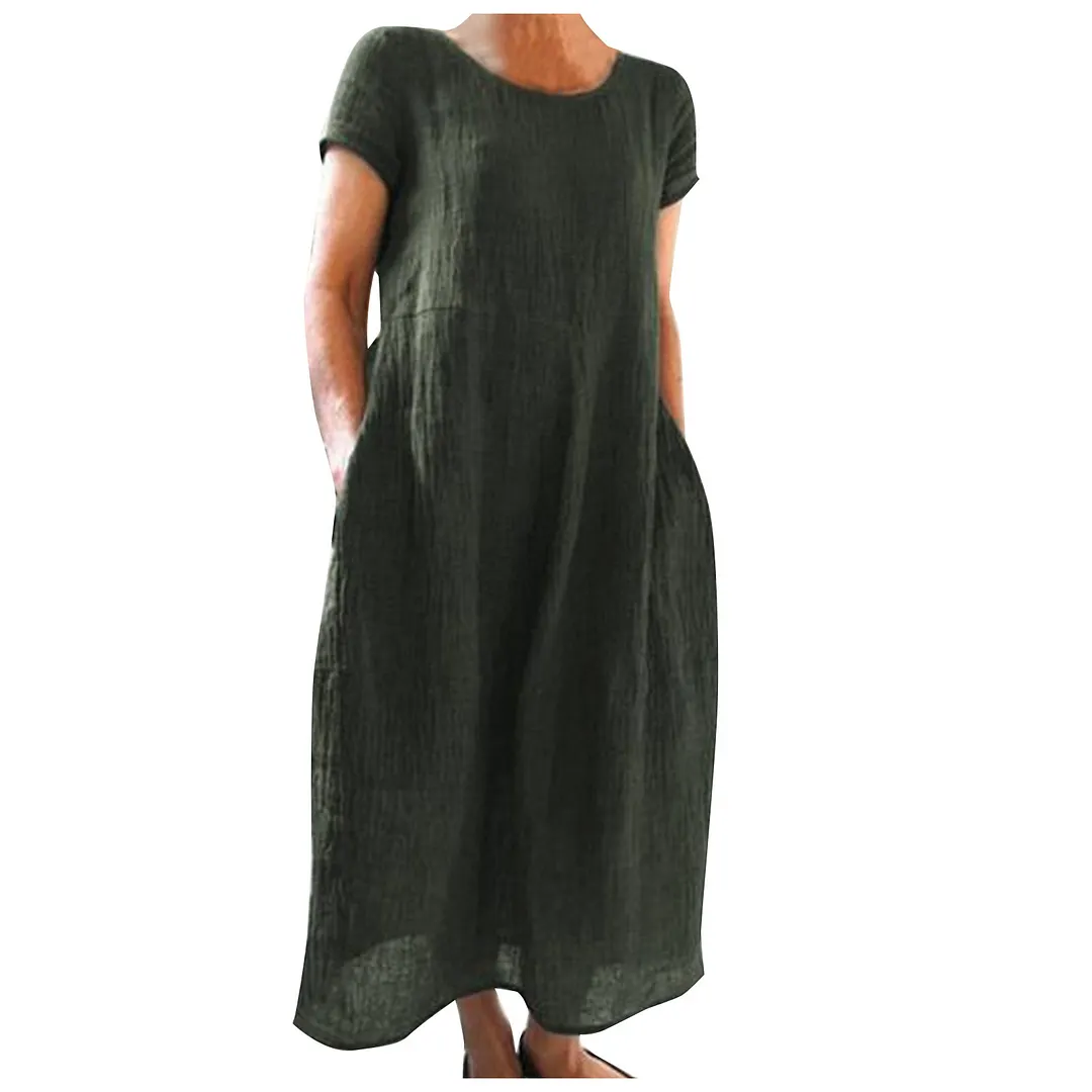 Brownm Brownm Solid-Color Retro Loose Cotton Dress Direct Sales