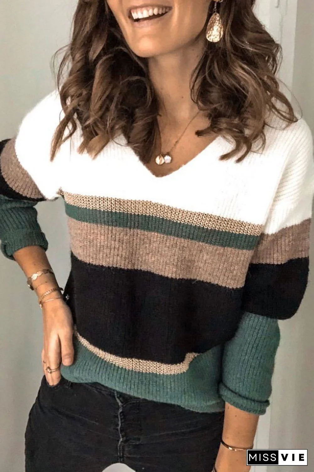 Casual Color Block Patchwork V Neck Sweaters(3 Colors)