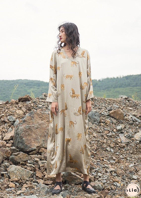Italian Apricot V Neck Animal Print Silk Robe Dresses Fall