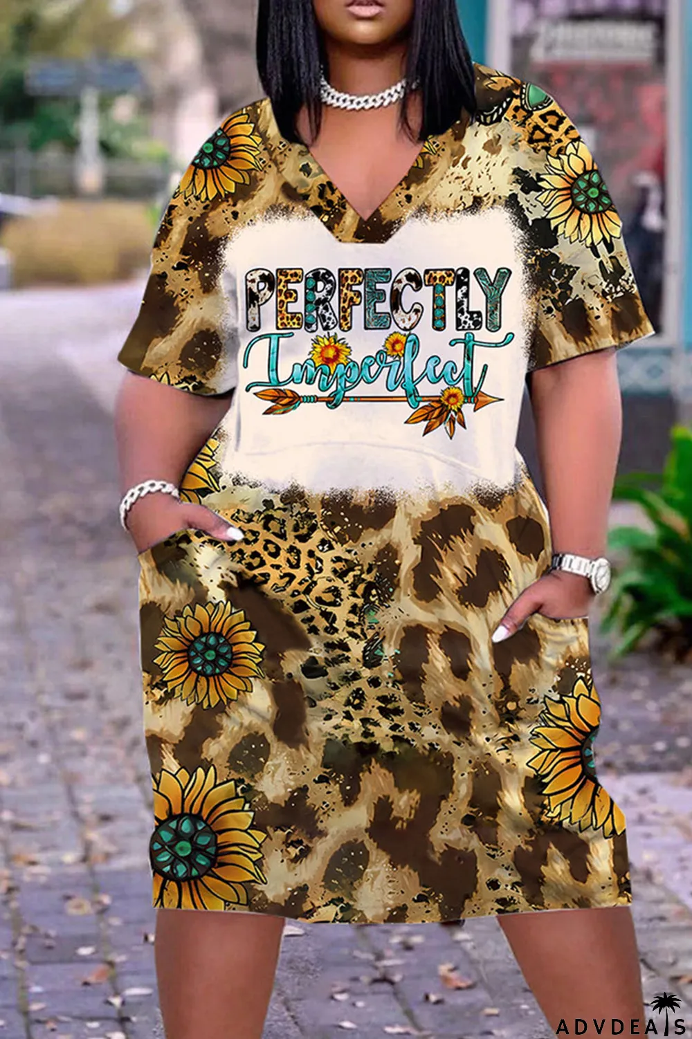 Light Brown Casual Work Print Patchwork V Neck Straight Dresses