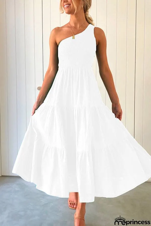 One Shoulder Sleeveless Smocked Ruffle Tiered Maxi Dress