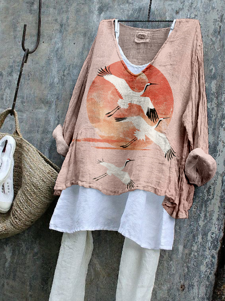 Comstylish Japanese Flying Cranes Art Linen Blend Flowy Tunic