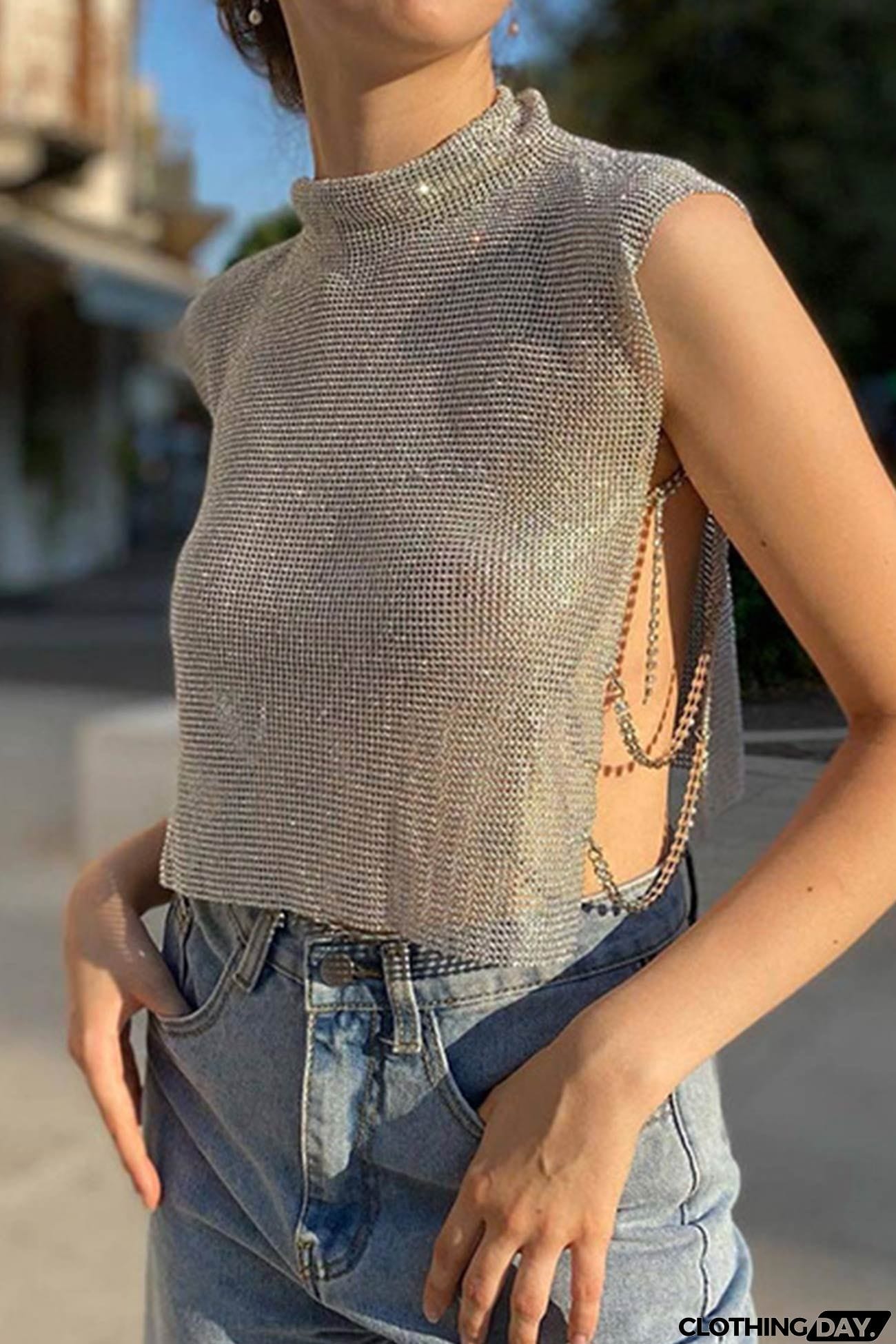 Rhinestone Mock Neck Tank Top