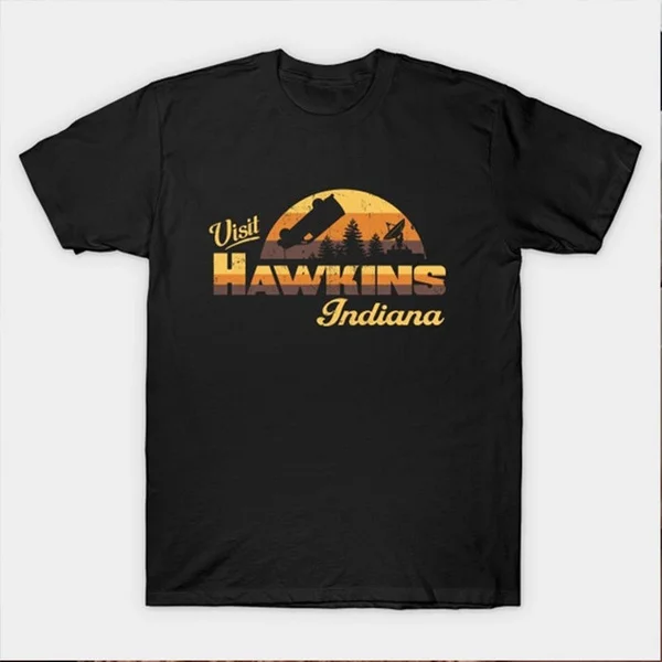 Visit Hawkins Indiana Stranger Things Inspired T-Shirt Unisex Netflix Fandom Graphic Tee Vintage Short Sleeves Black Tops Cotton Casual T Shirt (S-3Xl)