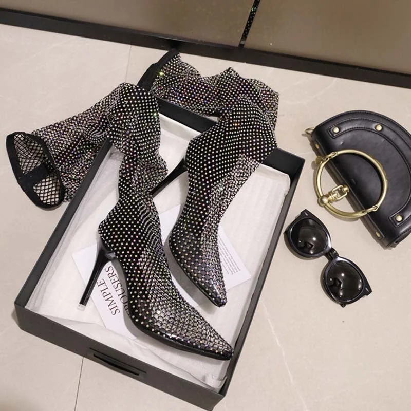 Overknee Boot Rhinestone Mesh Sexy High Heels