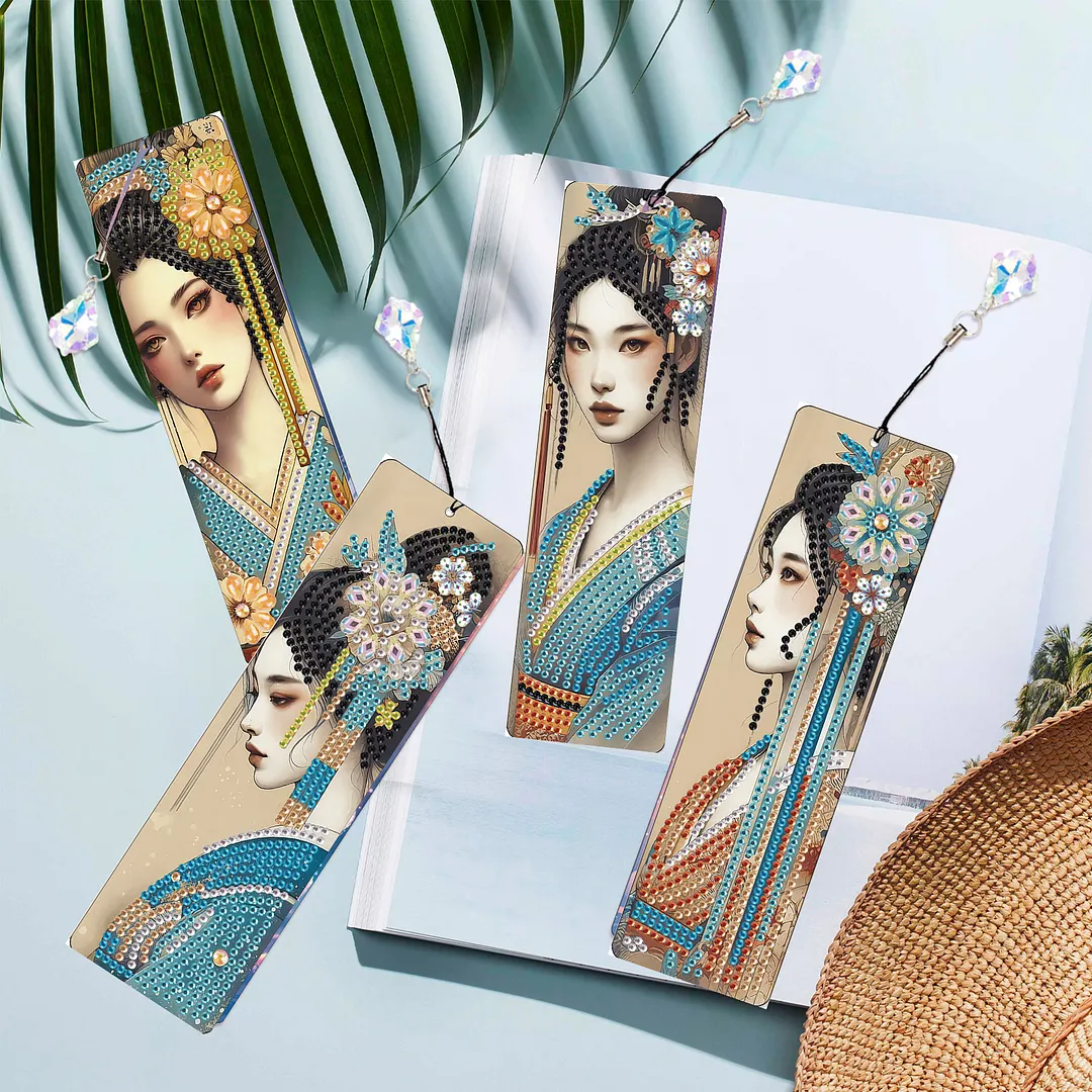 4Pcs Oriental Beauty DIY Diamond Bookmark Art Projects Irregular Shaped Diamonds Diamond Painting Art Bookmarks with Crystal Pendants for DIY Making Beginners Adult Art Craft Supplies