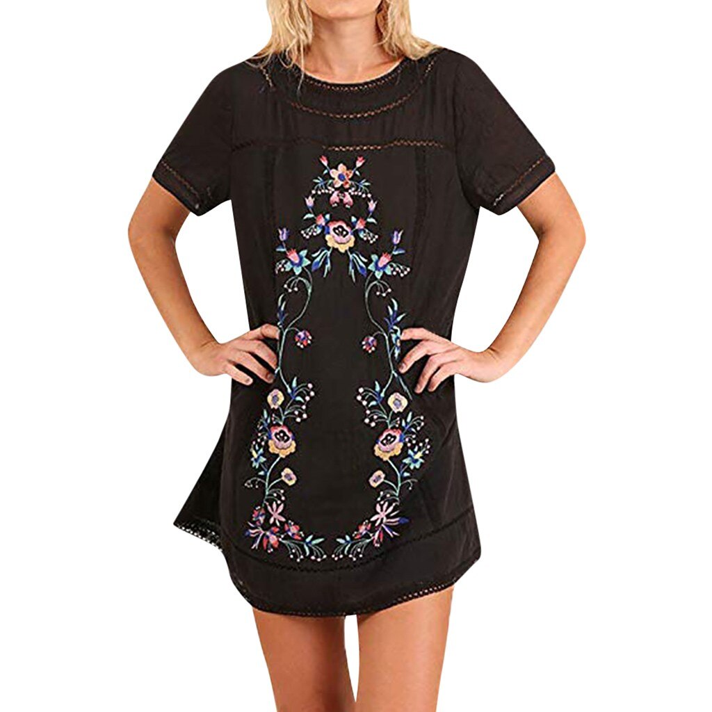 Women Cotton Line Embroidered Summer Bohemian Loose Mini Dress