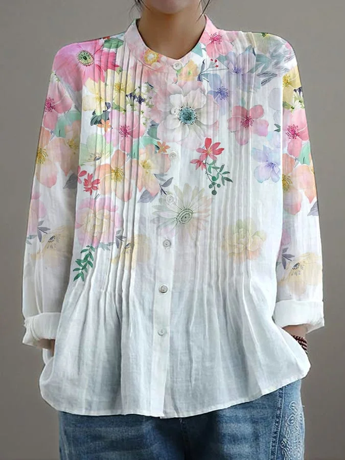 Women's Casual Loose Floral Cotton And Linen Shirt 