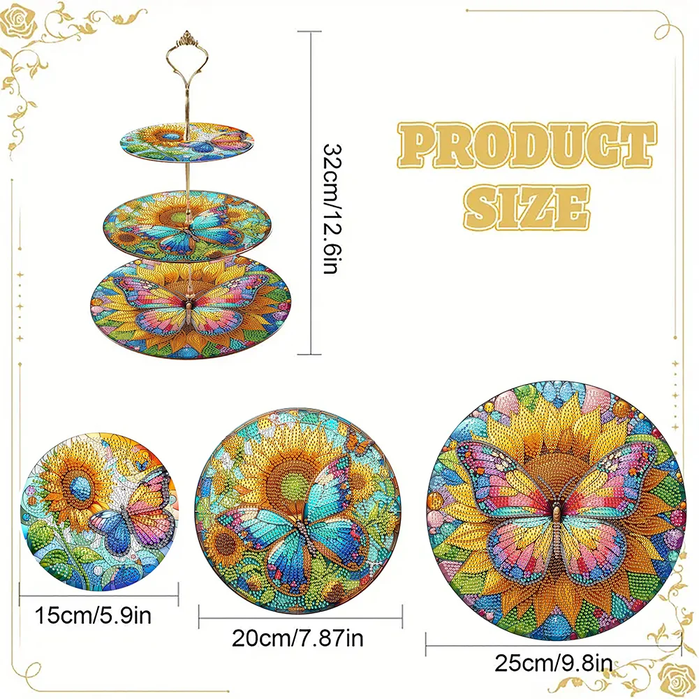 5D DIY 3 Tier Acrylic Butterfly Sunflower Diamond Painting Serving Tray for Home