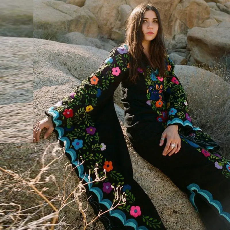 Brownm Long Bohemian Batwing Sleeve Printed Dresses