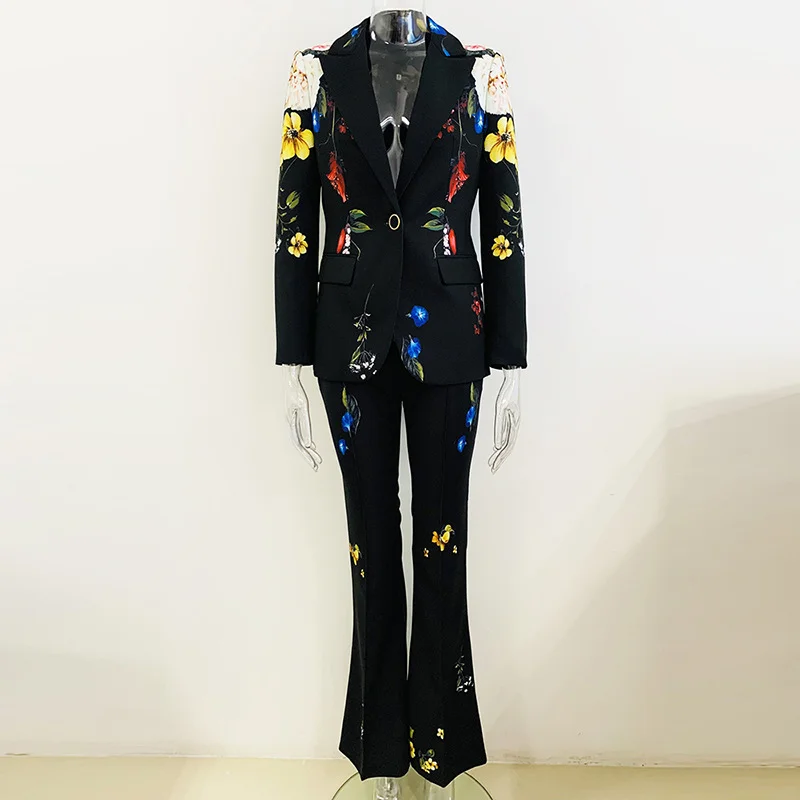 Nigikala Nigikala New Star Temperament Fashion Digital Print A Buckle Suit Horn Trousers Set