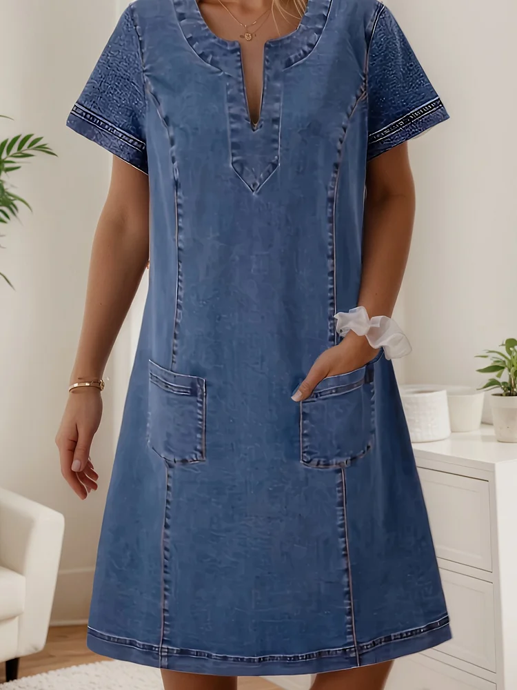 Casual Fashion New Women's Denim Dress, Short Sleeve Pleated Pocket Denim Skirt, Summer Women's Dress