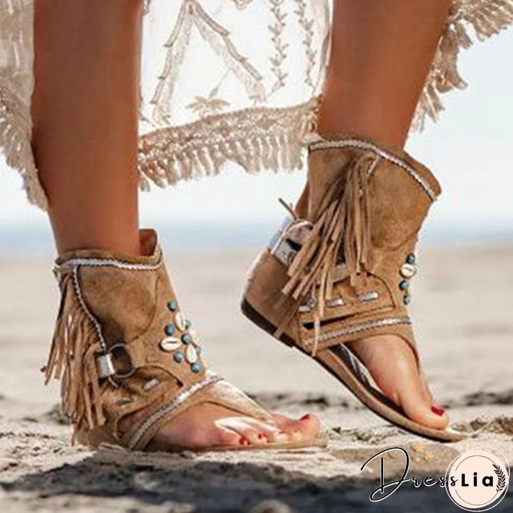 Women's Fashion Tassel Roman Boho Sandals Flock Retro Ankle Sandal Shoes Summer Flats Flip Flops Bohemian Beach Boot Shoes Plus Size