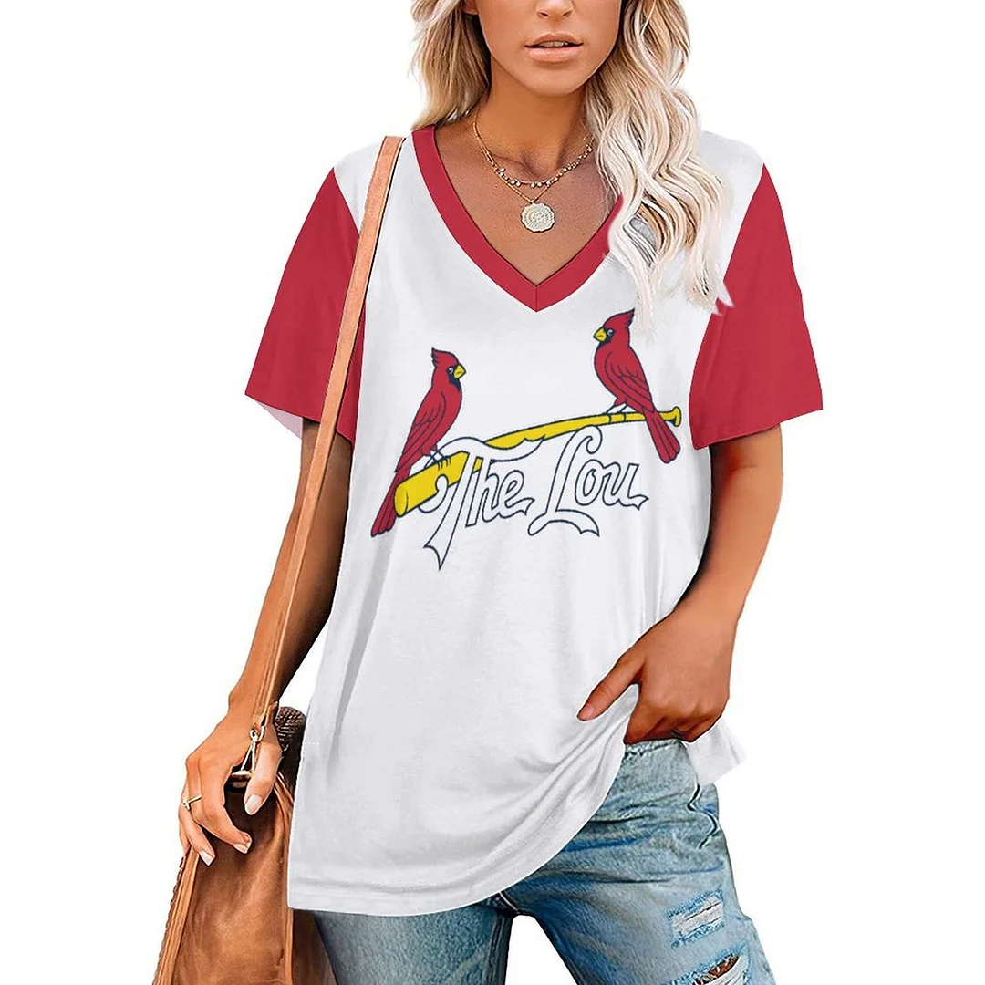 V-neck Short Sleeve Casual T-shirt for  Women Printed with Pattern,Red,Dark Blue,White