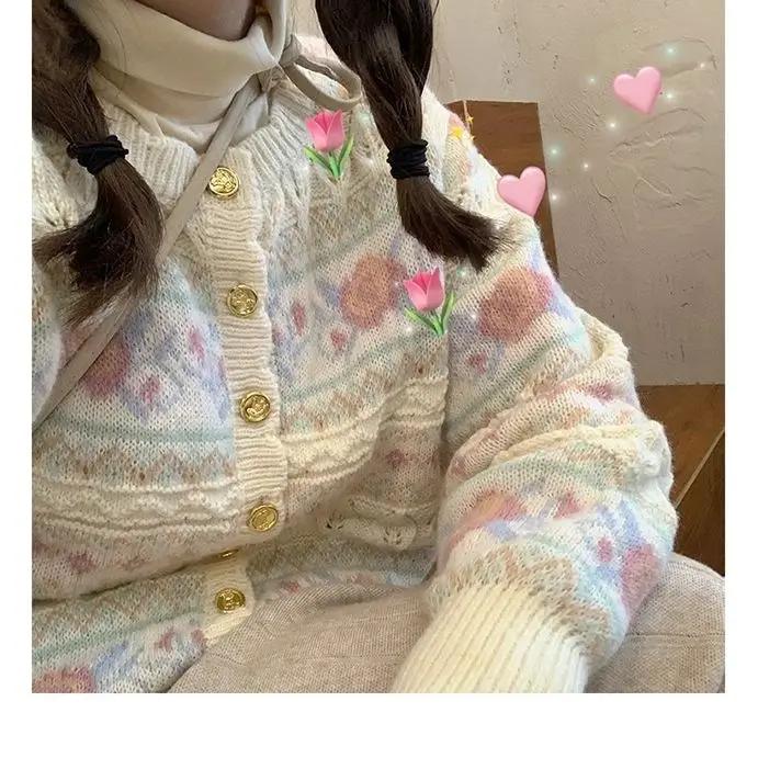 Parigaminghub Sweet Japanese Gentle Knitted Cardigan Women Tops Spring New Round Neck Loose Casual Jacket Retro Lazy Style Sweater Women Coat