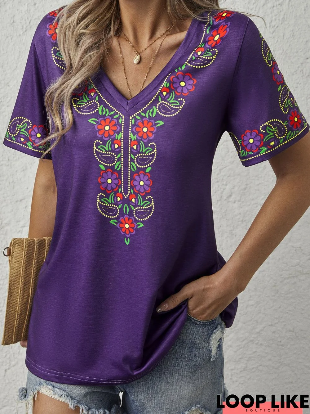 Boho Tribal Floral Printed Boho V Neck Cotton Blends Loosen Short Sleeve Tunic T-Shirt