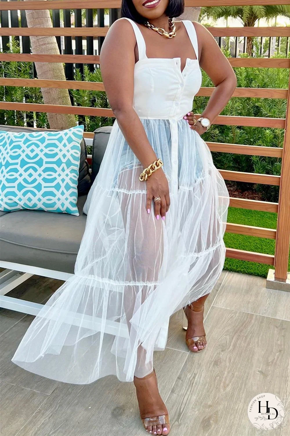 Yellow Casual Simplicity Solid Patchwork Fold Mesh Spaghetti Strap High Waist Tops