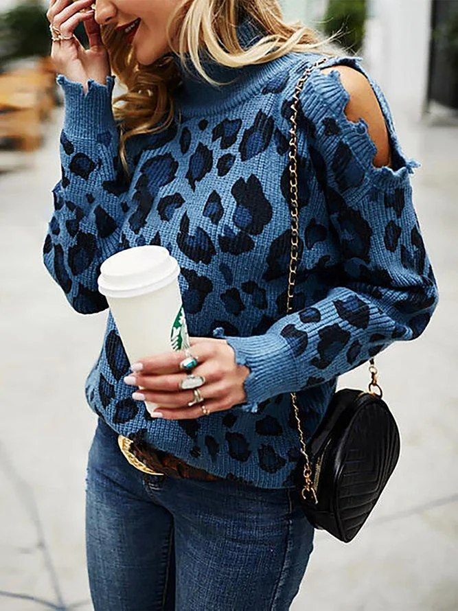 Sexy Leopard Long Sleeves High Neck Cut Out Sweater