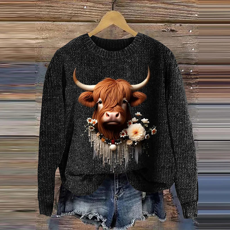 Women's Highland Cow In Floral Embroidery Print Sweater
