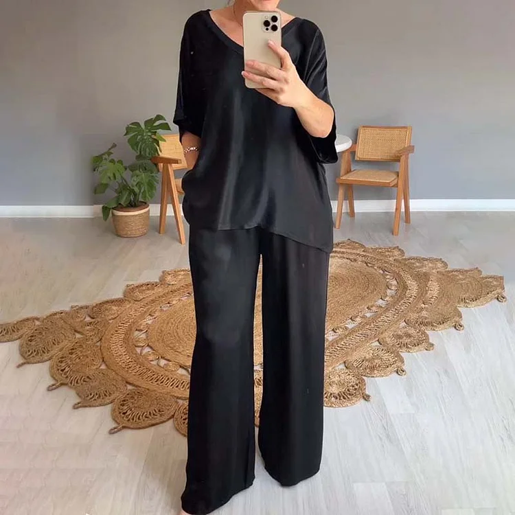 Women'S V-Neck Solid Color Satin Two Piece Set