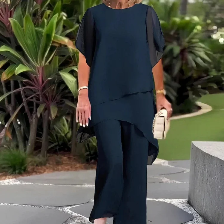 Charming Irregular Top & Wide Leg Pants Chiffon Set 