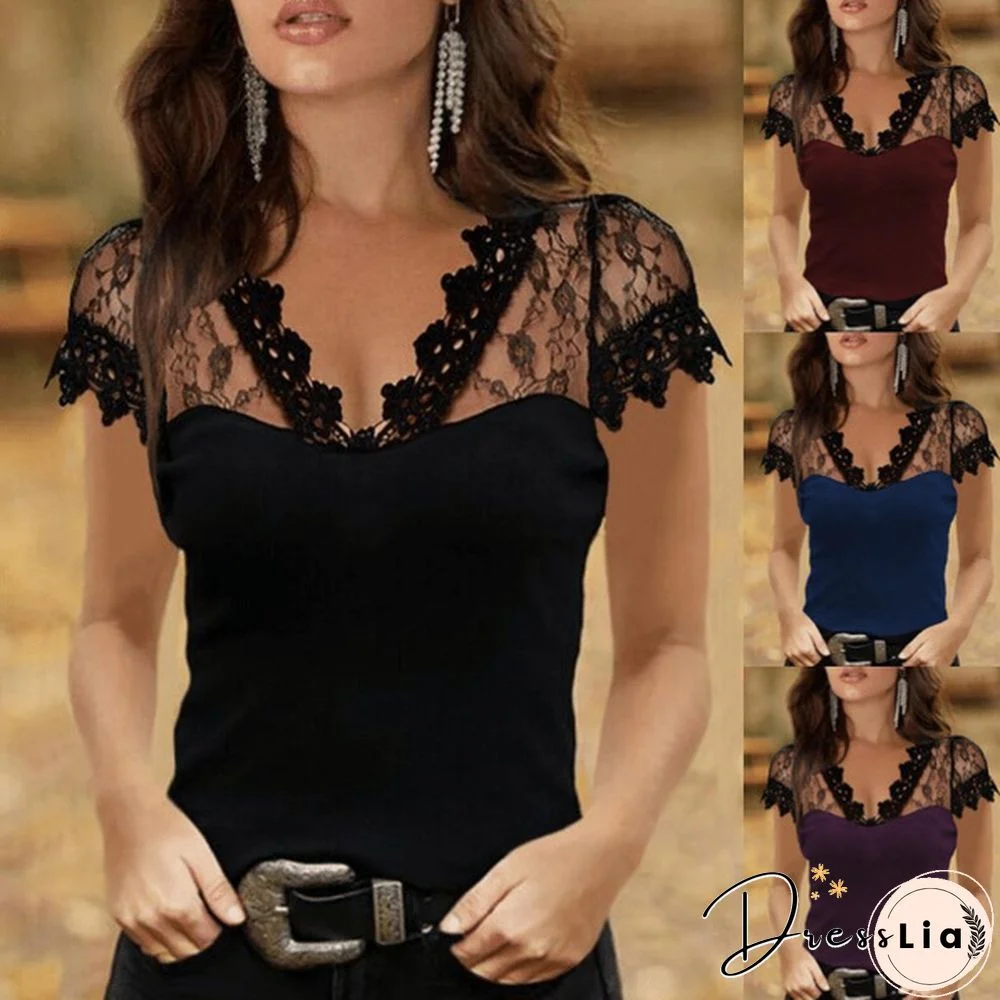 Women Summer Fashion Short Sleeves V-neck Tops Lace Stitching Sexy Shirts Soft Casual Lace Blouse Plus Size