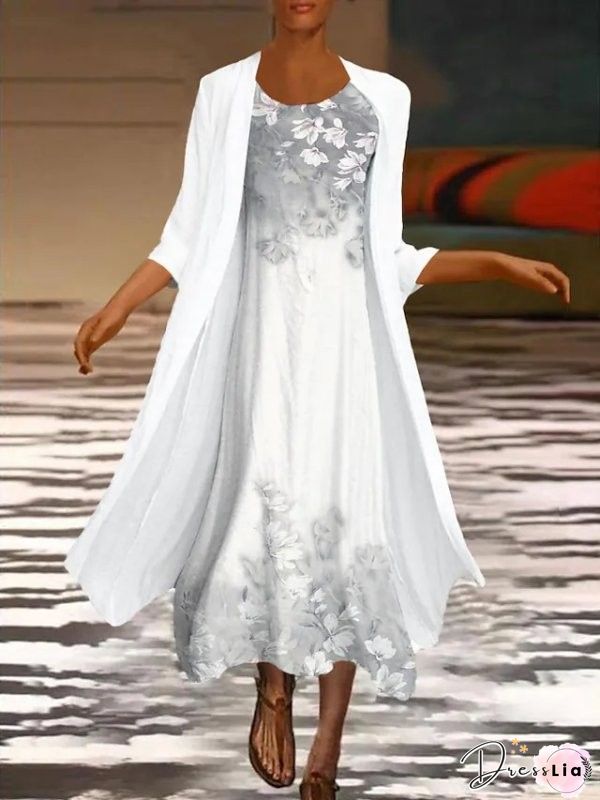 Fake Two Piece Casual Crew Neck Printed Maxi Dress S-5XL