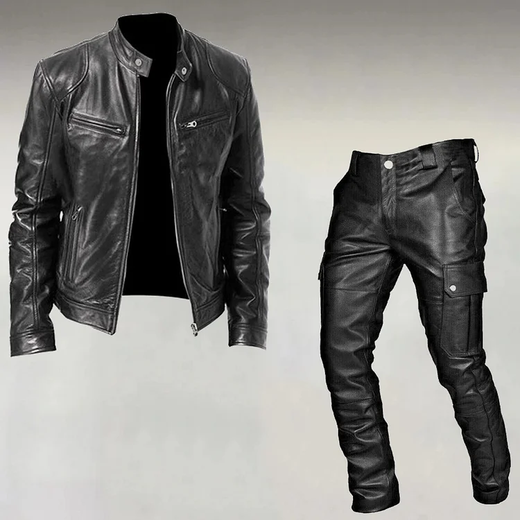 Men's Fashion Casual Stand Collar Zipper PU Leather Jacket & Pocket Pants 2Pcs Set