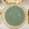 10 Pack | 9" Dusty Sage Hard Plastic Dinner Plates with Gold Ruffled Rim, Heavy Duty Disposable Dinnerware