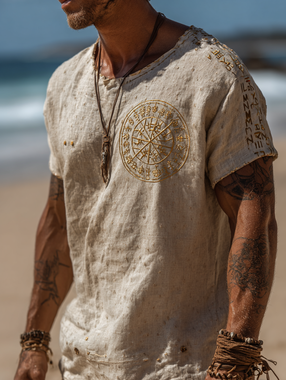 Men's Viking Mythology Vintage Runes Design Linen Shirt / Rvogue / Rvogue