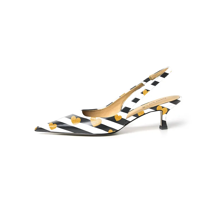 Black and White Striped Patent Leather Kitten Heels for Women |FSJ Shoes