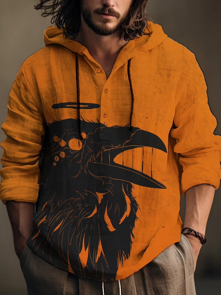 Men's Black Raven Halloween Print Hooded Long Sleeve Shirt