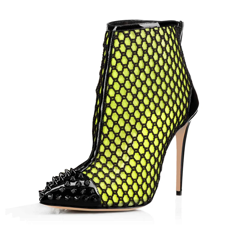 Fluorescent Green Rivets Mesh Stiletto Heel Ankle Boots for Summer Vdcoo