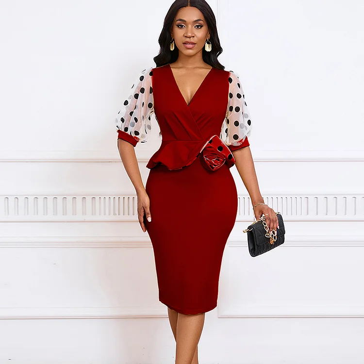 PASUXI Bulk Order Puff Sleeve Dresses Mesh Flocking V-Neck Fashion huanwei