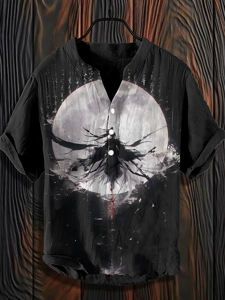 Men's Samurai in front of the Moon Japanese Art Print Half Button Shirt